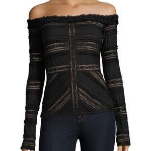 NWOT Cinq A Sept Solene Off the Shoulder Black Lace Top with Nude Lining XS